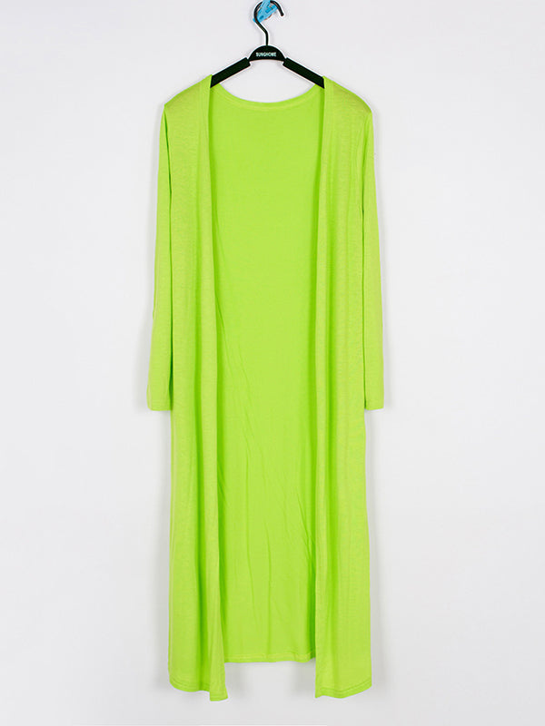 Light longline cardigan hanging open with dropped shoulders in green