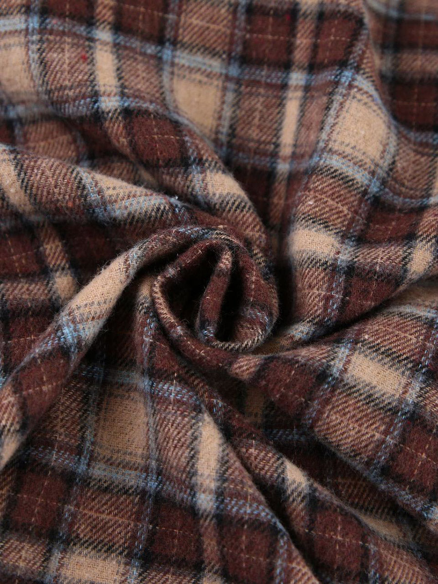 Oversized brown check shacket with a contrast collar and chest pockets