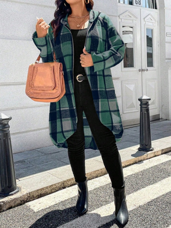 Green and navy check hooded jacket with a zip front and stepped hem in green check