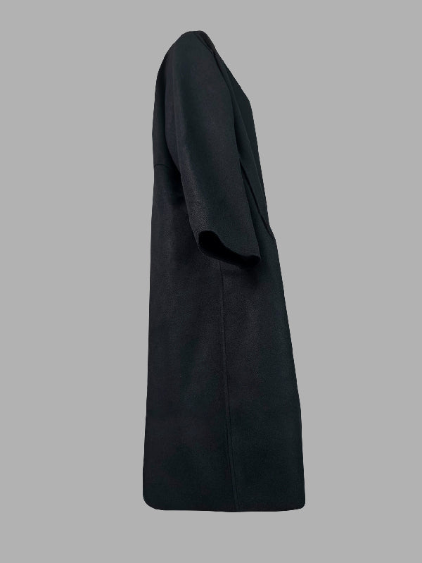 Collarless longline coat with dropped sleeves and an open front