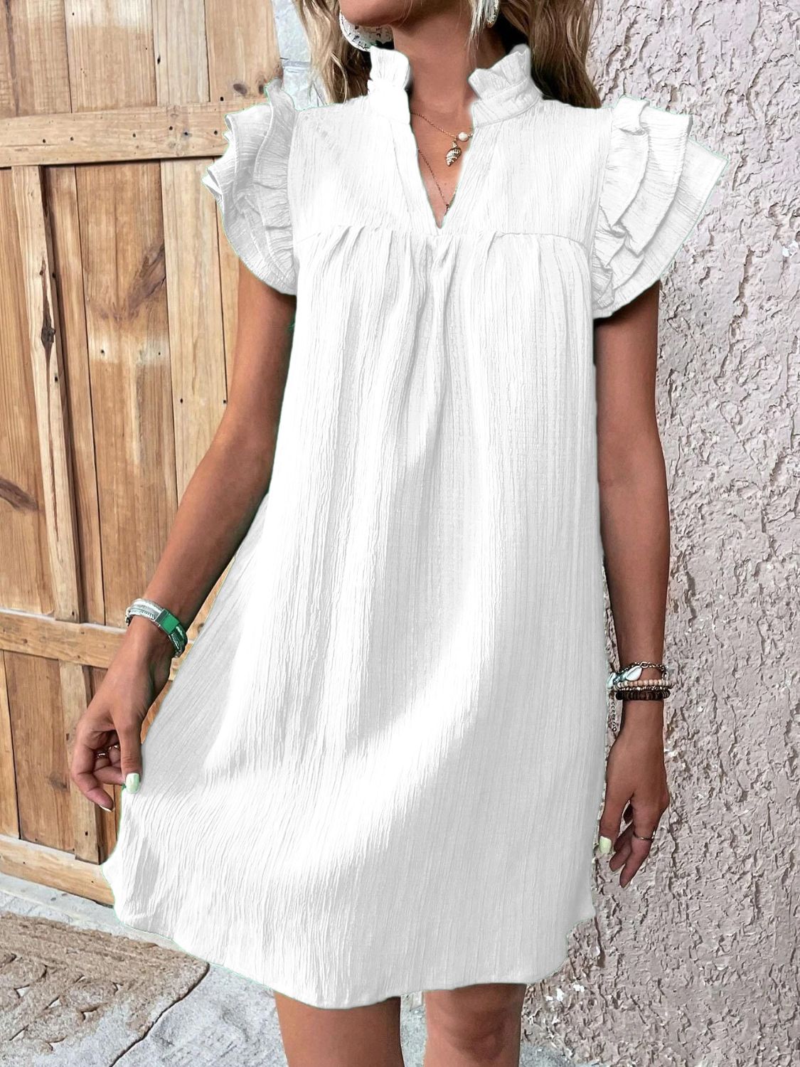Women's ruffle shoulder mini dress - detail