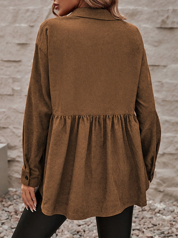Tobacco brown corduroy shacket with a gathered peplum and chest pockets