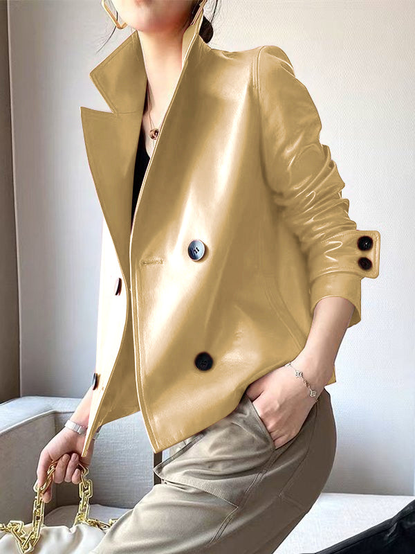 Faux leather jacket with an oversized lapel collar in tan