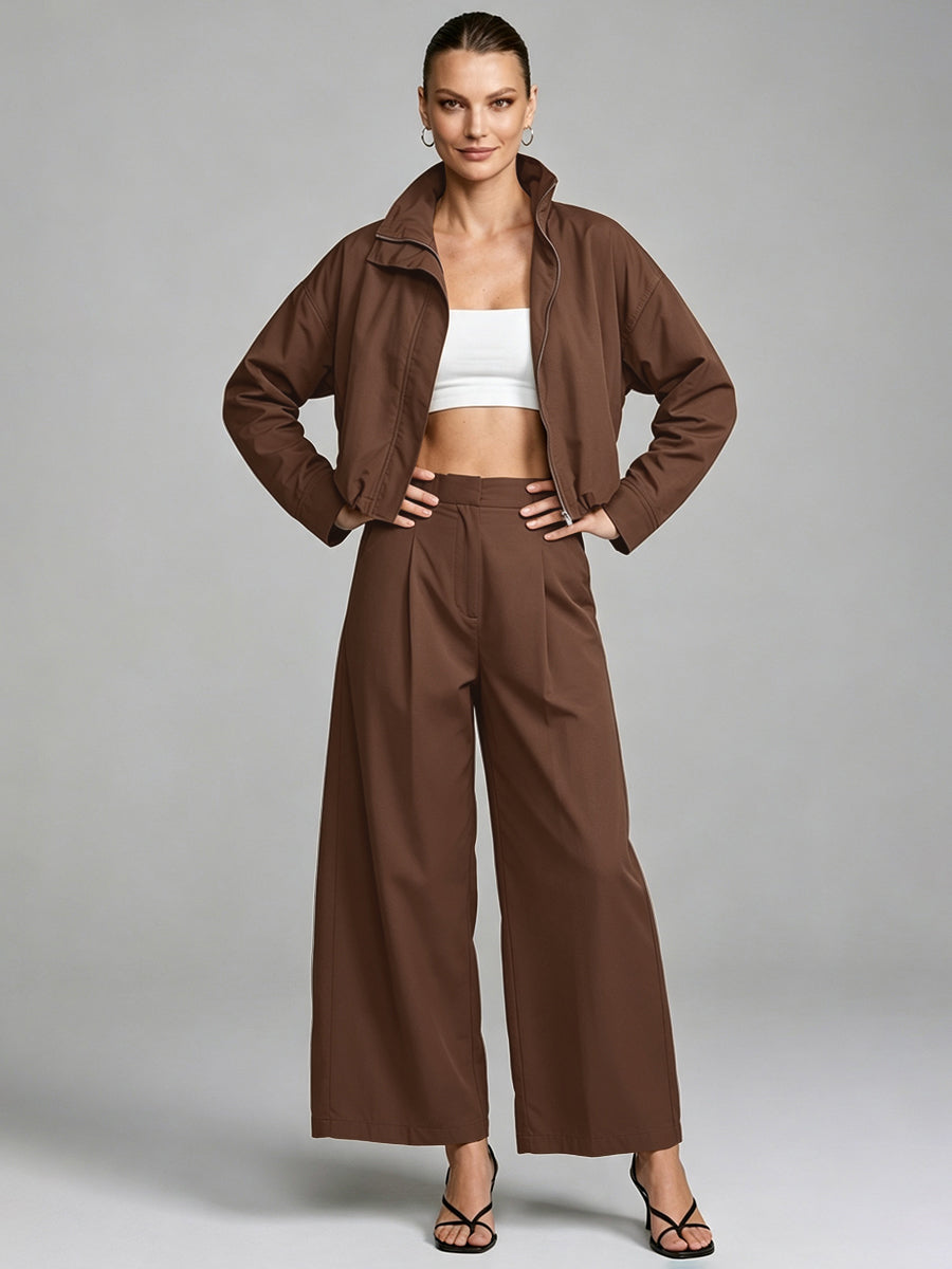Cropped jacket with a stand collar, zip front and wide sleeves