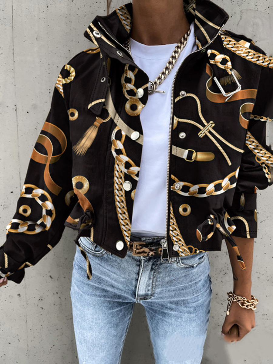Cropped utility jacket with a stand collar, chest pockets and a drawstring hem in chain print