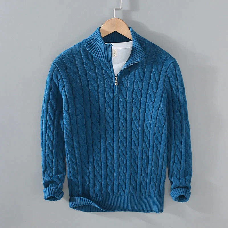 Men's cable knit half-zip jumper in Petrol Blue