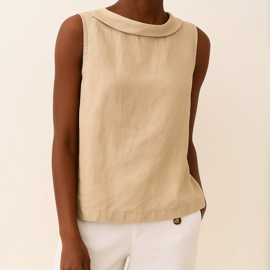 Women's Top - Sleeveless Roll Collar Top in Beige