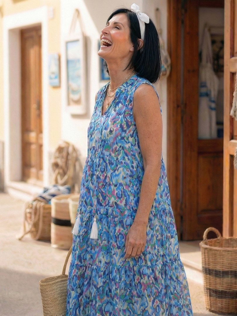 Women's Tiered Midi Dress with Tie Neckline Multicolour – Saint Dor UK – lifestyle shot