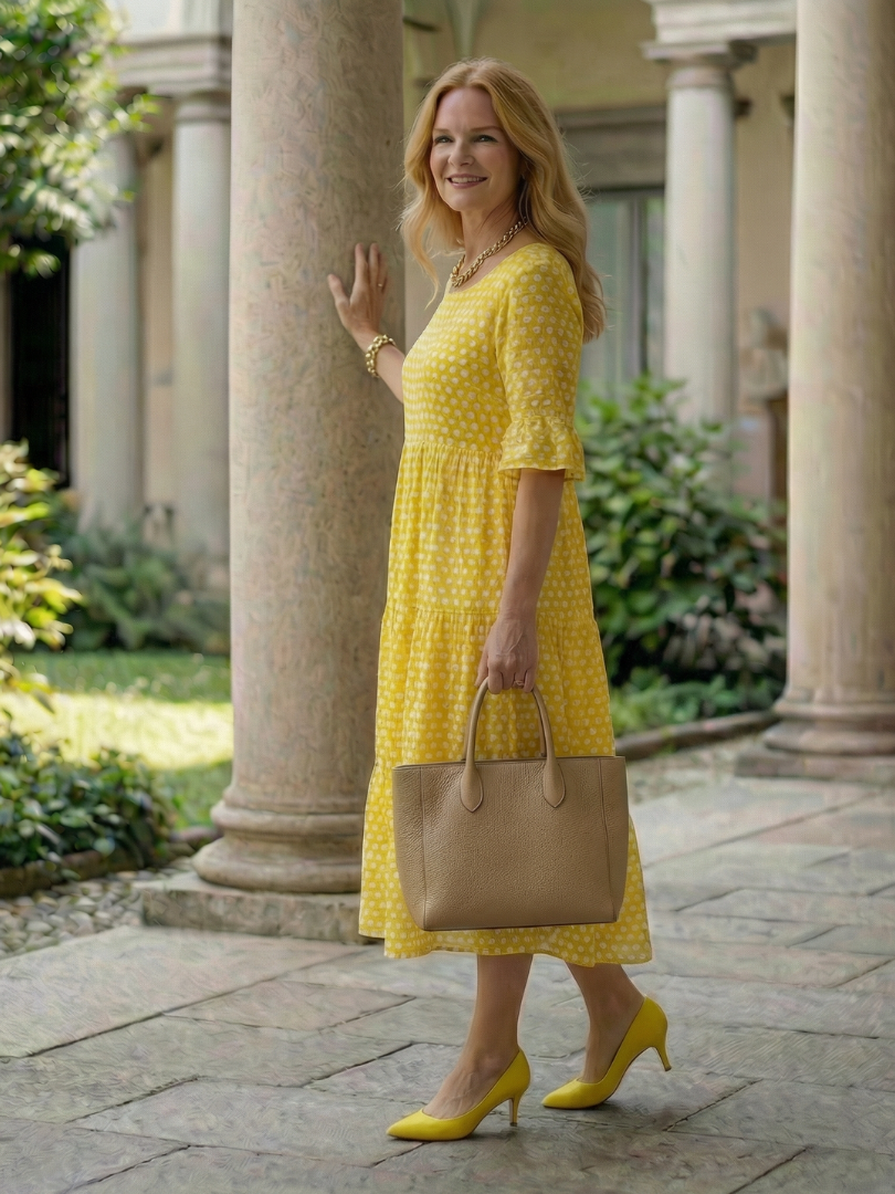 Women's Polka Dot Tiered Midi Dress Short Sleeve – Saint Dor UK – draped view