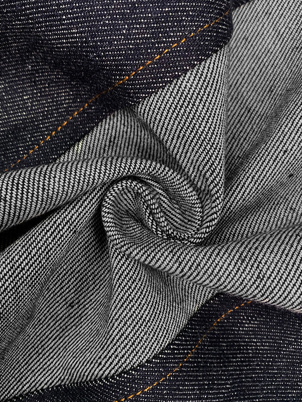 Fitted indigo denim blazer with pale grey contrast panels
