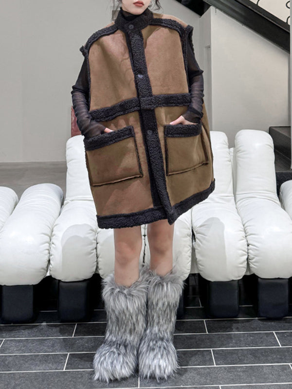 Sleeveless suede-look gilet with a dark faux shearling trim