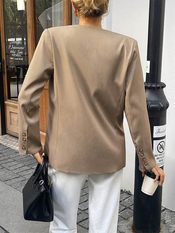 Khaki collarless blazer with a round neckline and two buttons