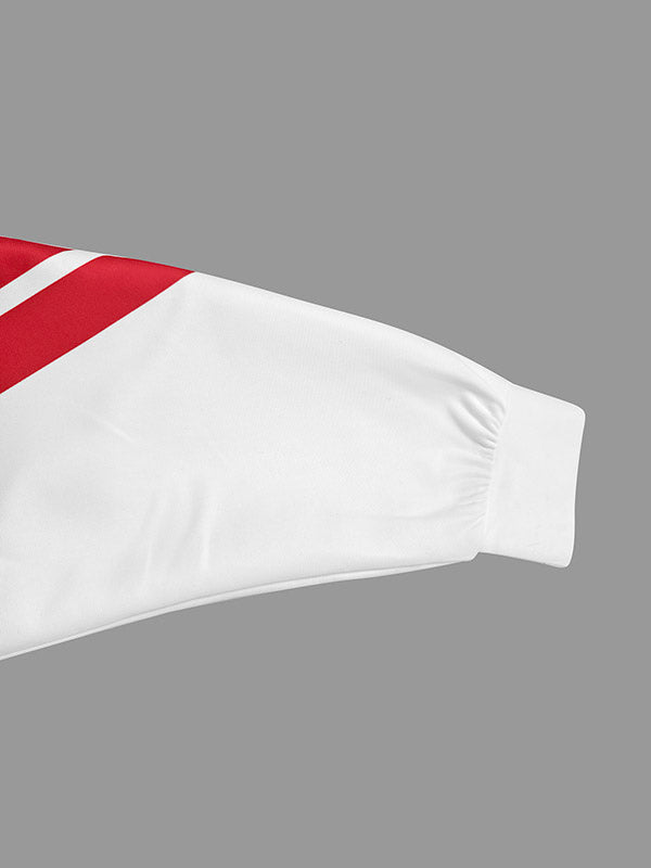 White track jacket with twin red stripes across the sleeves