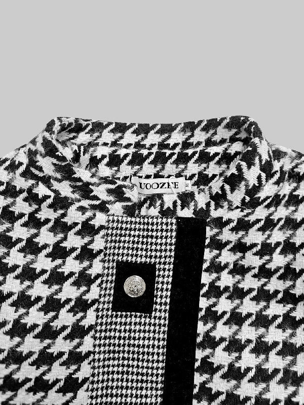 Cropped black and white houndstooth jacket with a stand collar