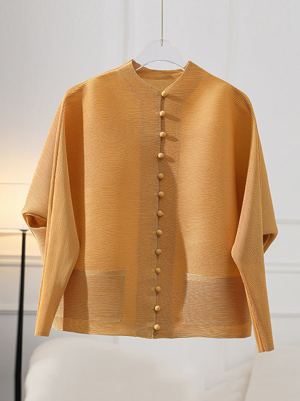 Pleated jacket with a stand collar, covered buttons and wide sleeves in yellow