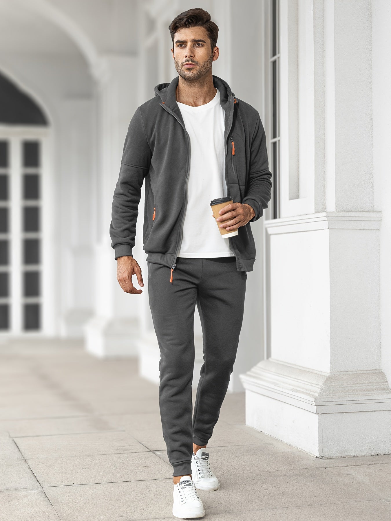 Men's Warm Winter Tracksuit - Fleece-Lined Hooded Co-Ord Set — detail view