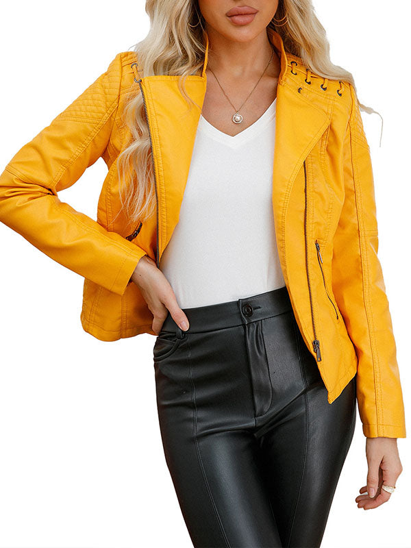 Faux leather biker jacket with lacing across the shoulders