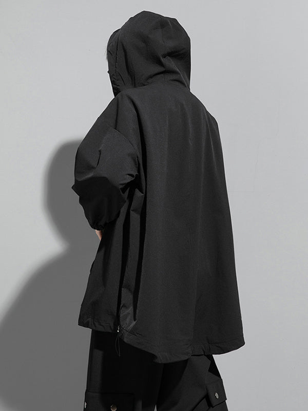 Oversized black hooded jacket with an off-centre zip and drawstring hem
