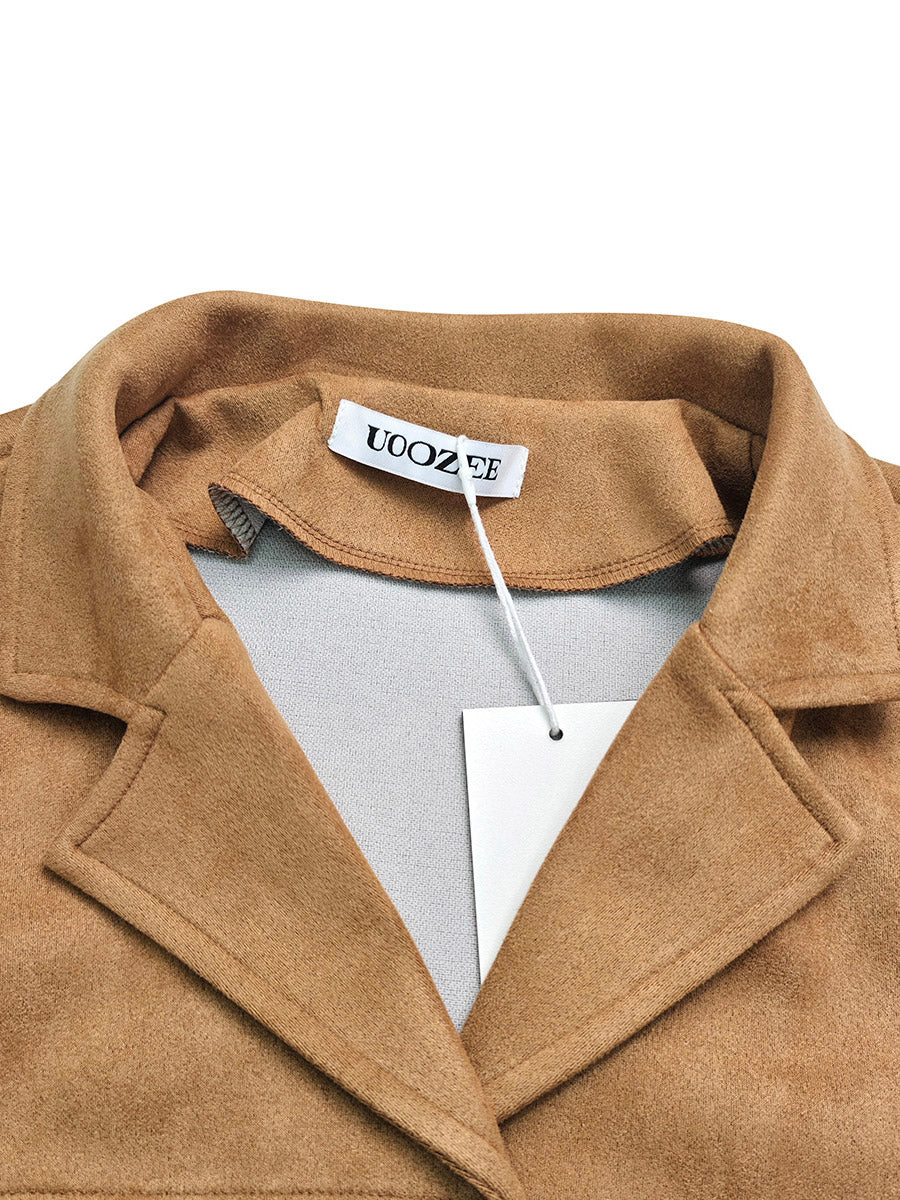 Tan suede-look blazer with a notch lapel and two flap pockets