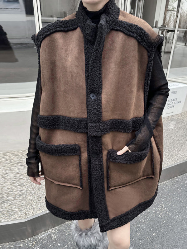Sleeveless suede-look gilet with a dark faux shearling trim