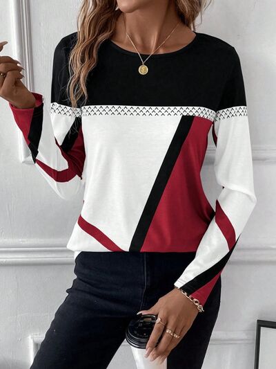Women's colour block long sleeve top in Brick Red