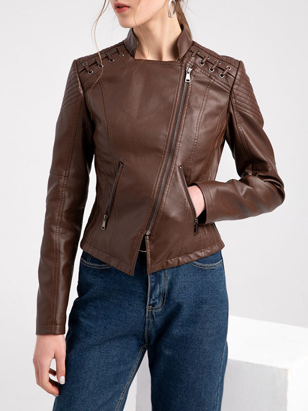 Faux leather biker jacket with lacing across the shoulders