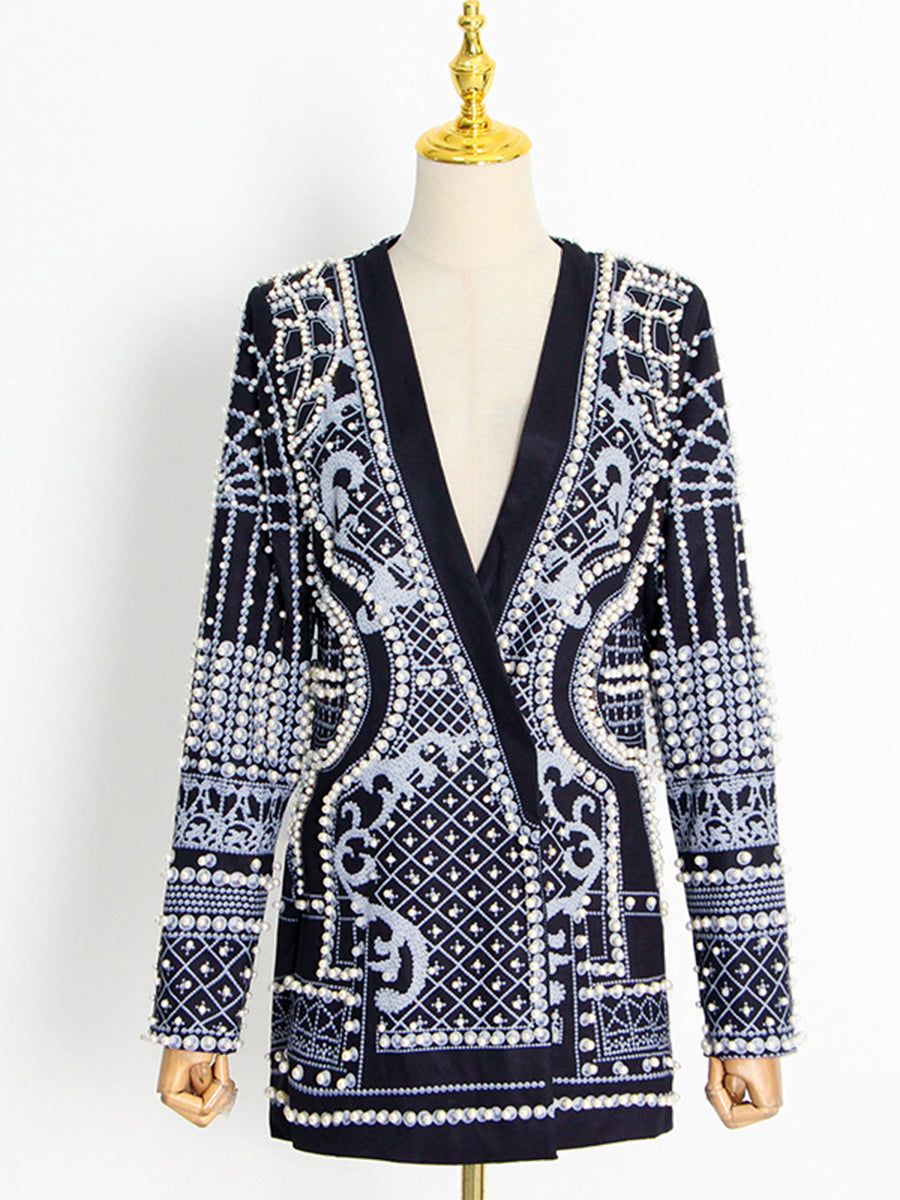 Beaded blazer with an ornamental pattern and a deep V-neck