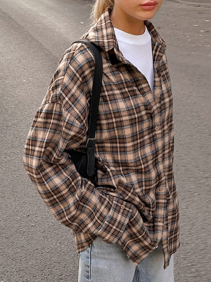 Oversized brown check shacket with a contrast collar and chest pockets