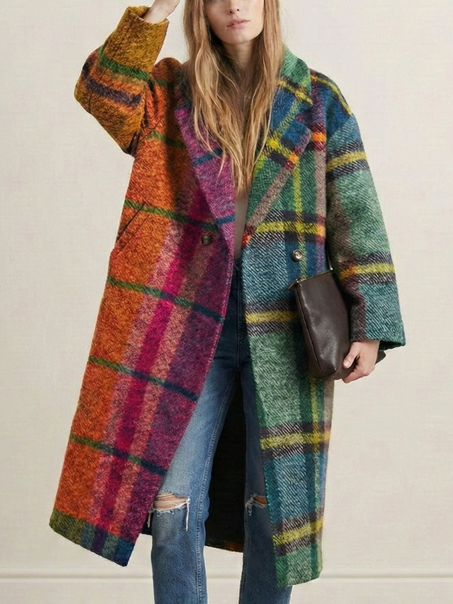 Longline coat in bright multicolour plaid with a lapel collar in multicolour check