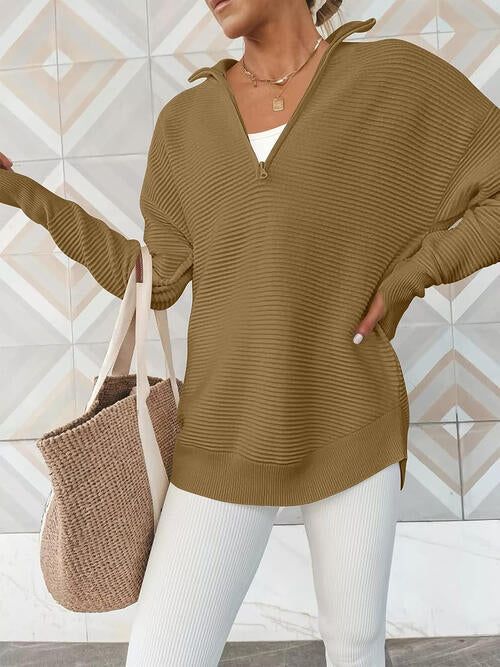 Women's half zip ribbed knit jumper - detail
