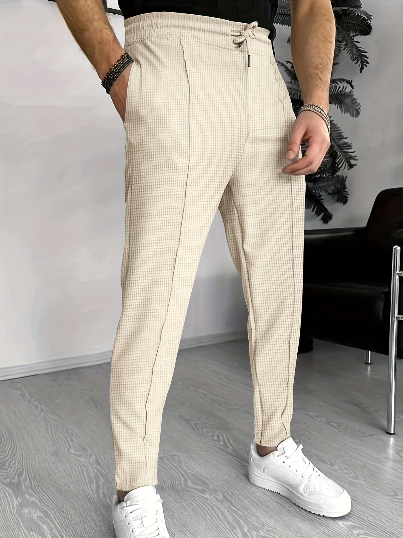 Men's Waffle Texture Stretch Trousers - product view | SAINT DOR