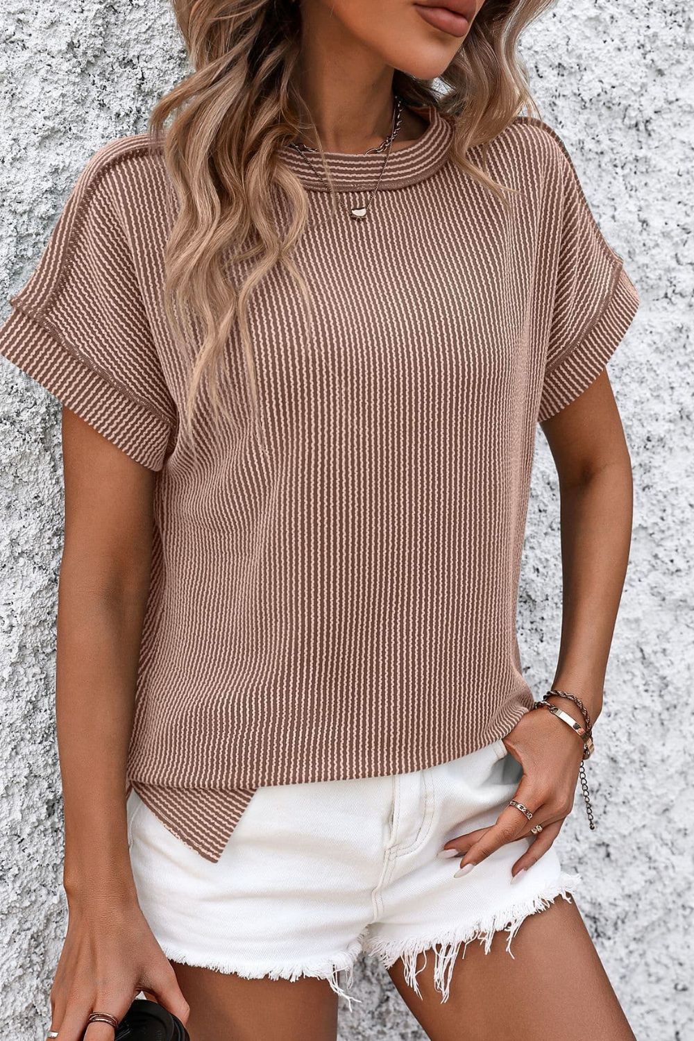 Women's ribbed short sleeve top in Camel