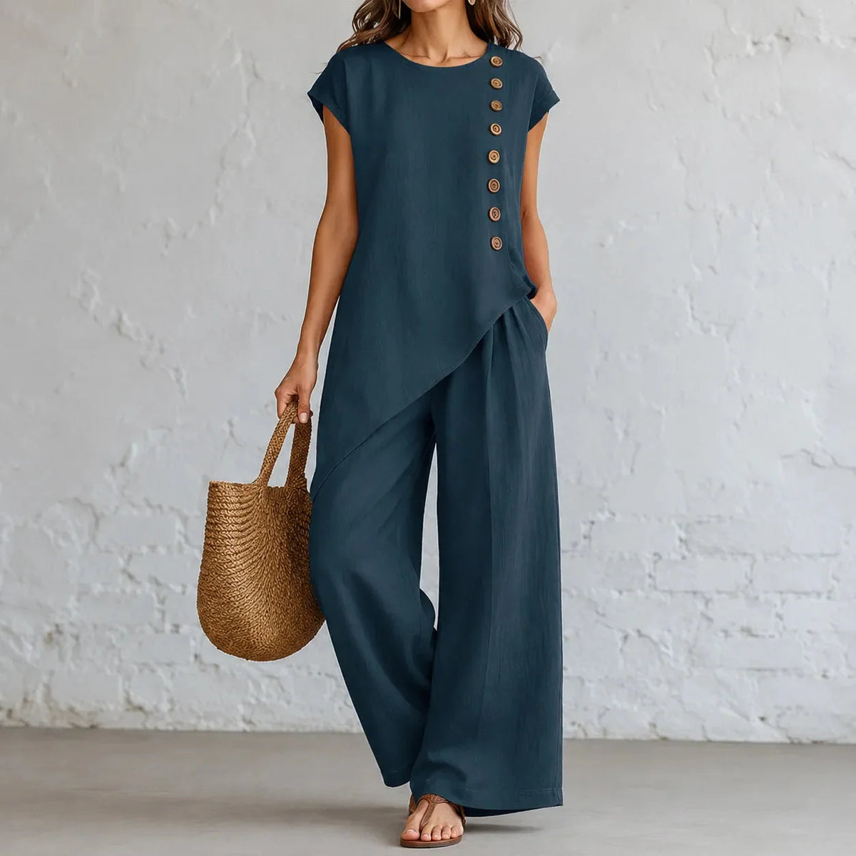 Women's two-piece set with asymmetric hem in Navy Blue
