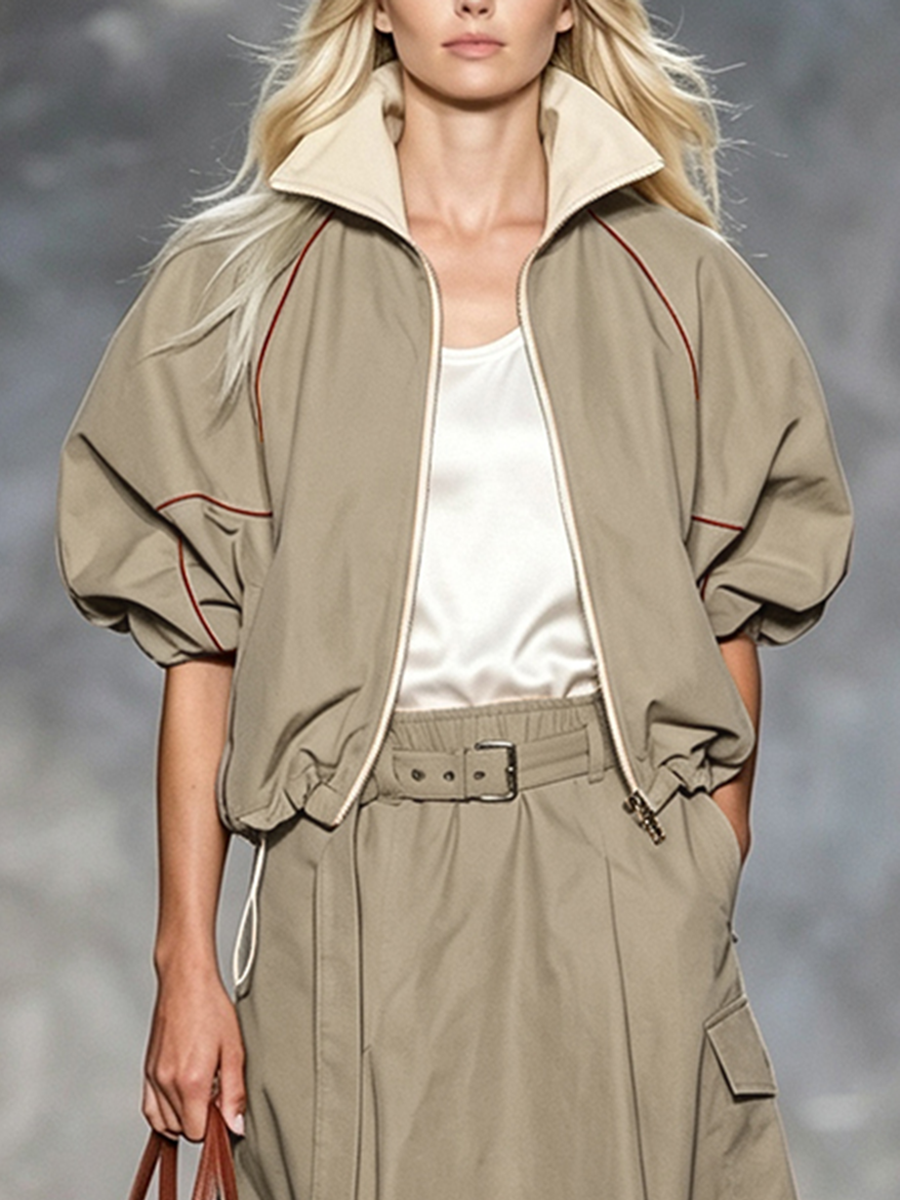 Khaki jacket with rust contrast piping and gathered puff sleeves
