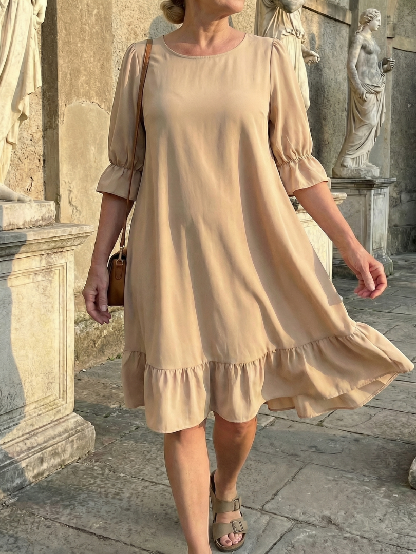 Women's Knee-Length Dress with Ruffle Cuff Detail – Saint Dor UK – angle view