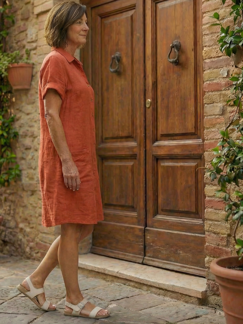 Women's Button-Front Knee-Length Dress Courtyard Walk – Saint Dor UK – draped view