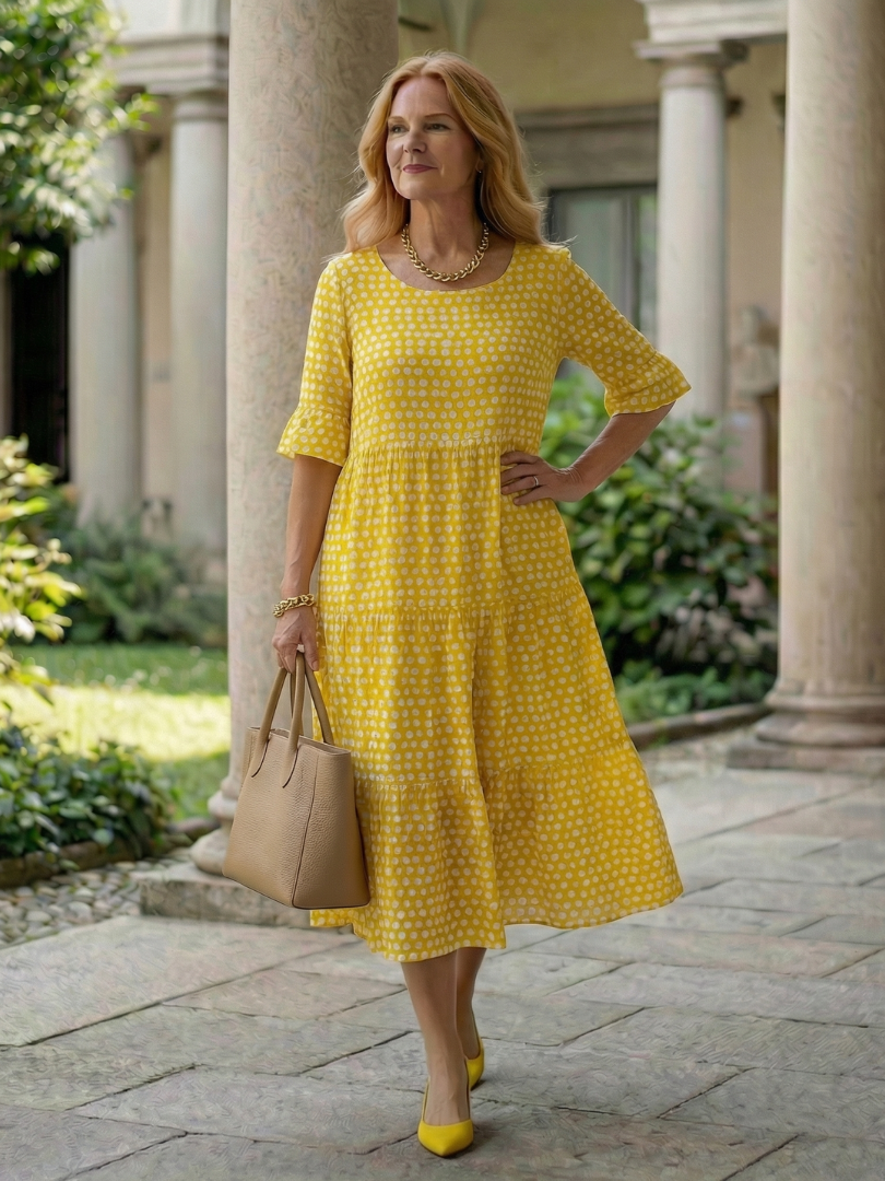 Women's Polka Dot Tiered Midi Dress Short Sleeve – Saint Dor UK – lifestyle shot