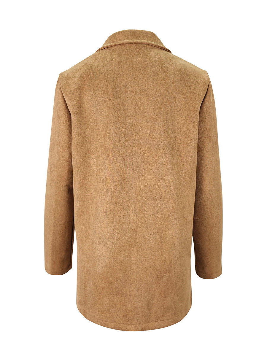 Tan suede-look blazer with a notch lapel and two flap pockets