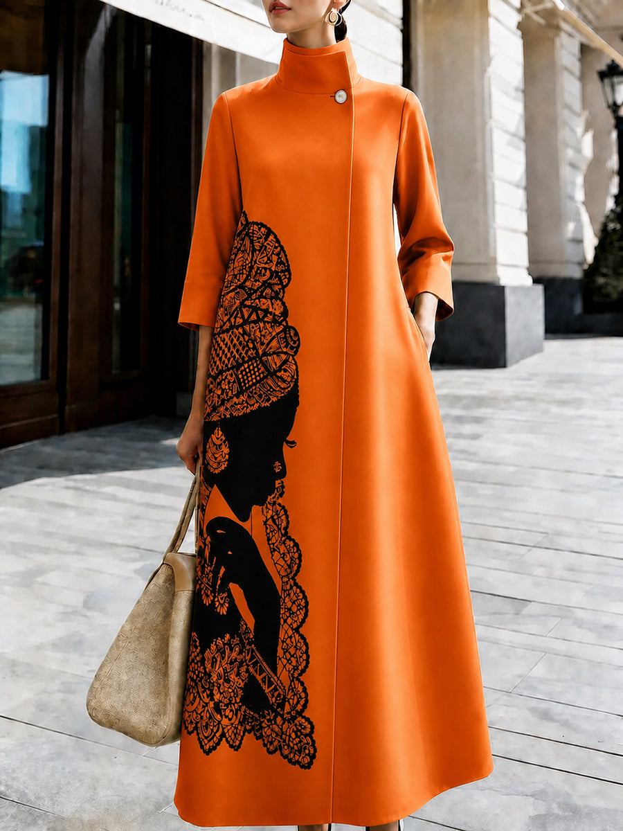 Swing coat with a large lace-style print, high neck and wide skirt in orange