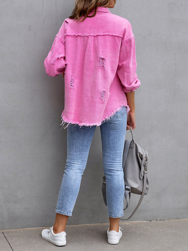 Oversized shirt jacket with frayed edges and chest pockets