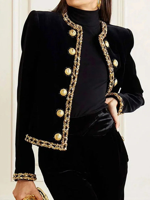 Short black velvet jacket with braid trim and gold-tone buttons in black