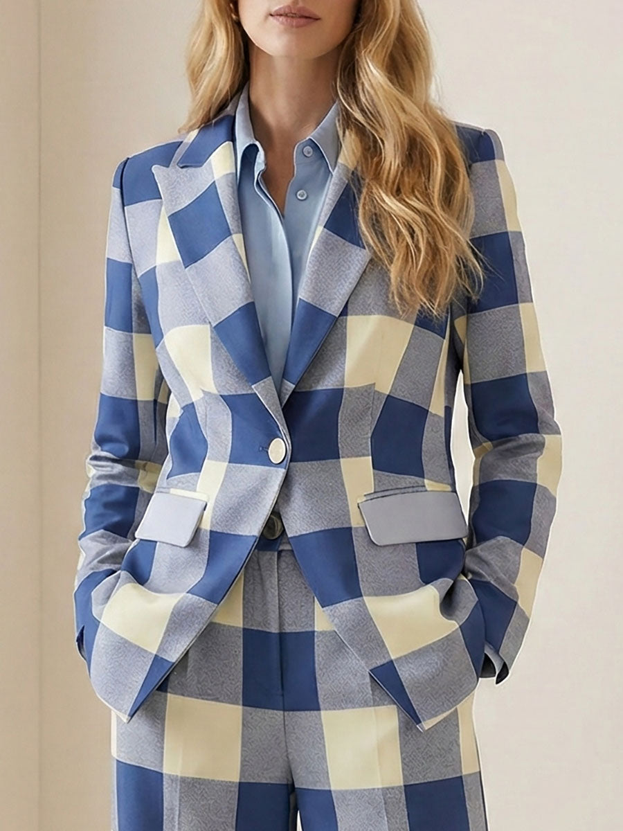 Blue and cream checked blazer with a notched collar and flap pockets