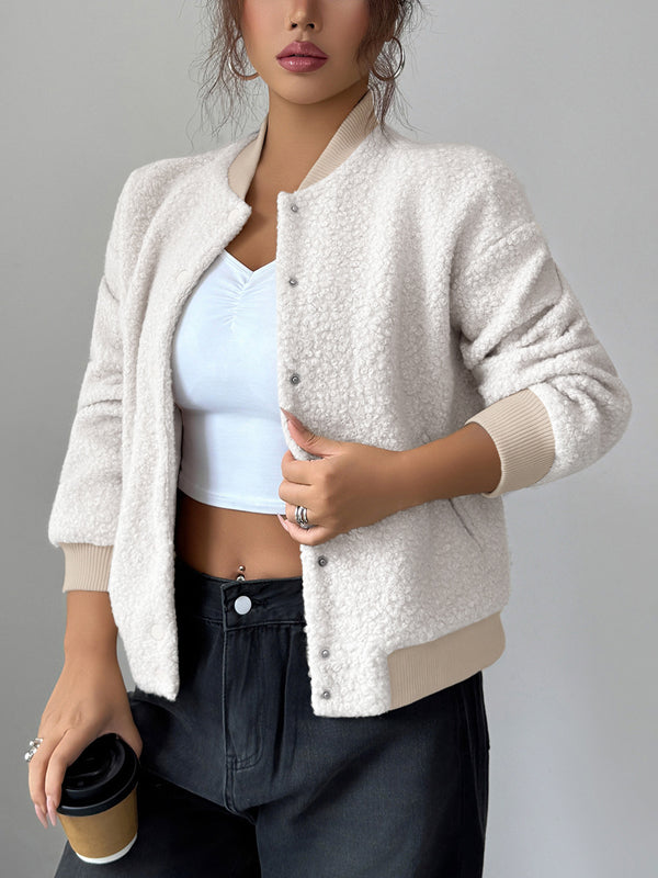 Soft bouclé bomber jacket with a ribbed collar, cuffs and hem in beige