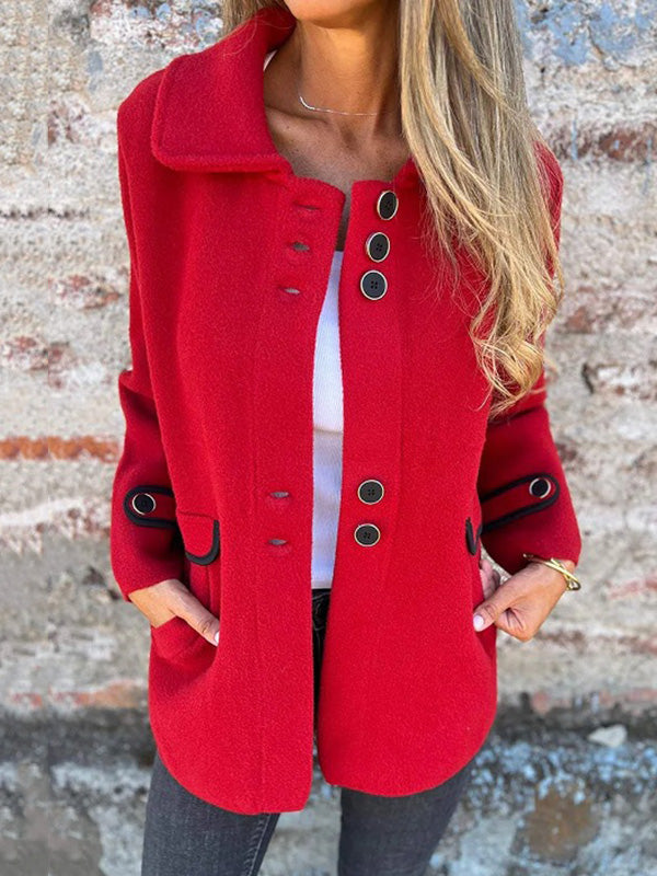 Soft knitted jacket with a wide fold-over collar and ring trims on the pockets in red