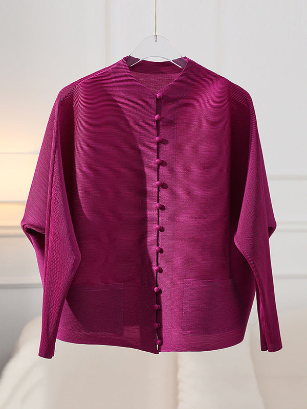 Pleated jacket with a stand collar, covered buttons and wide sleeves in purple