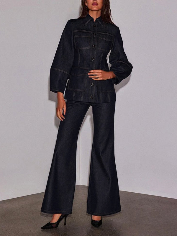 Indigo denim jacket with puff sleeves and four patch pockets