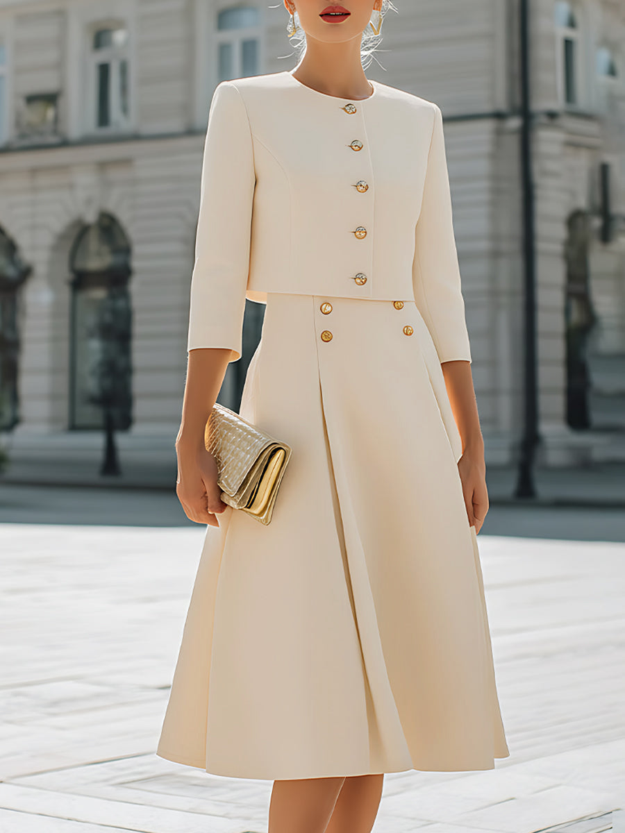 Ivory cropped jacket with a round neck and gold-tone buttons
