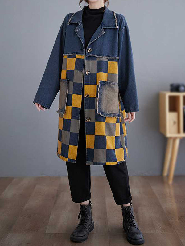 Longline denim jacket with a yellow and navy checkerboard panel