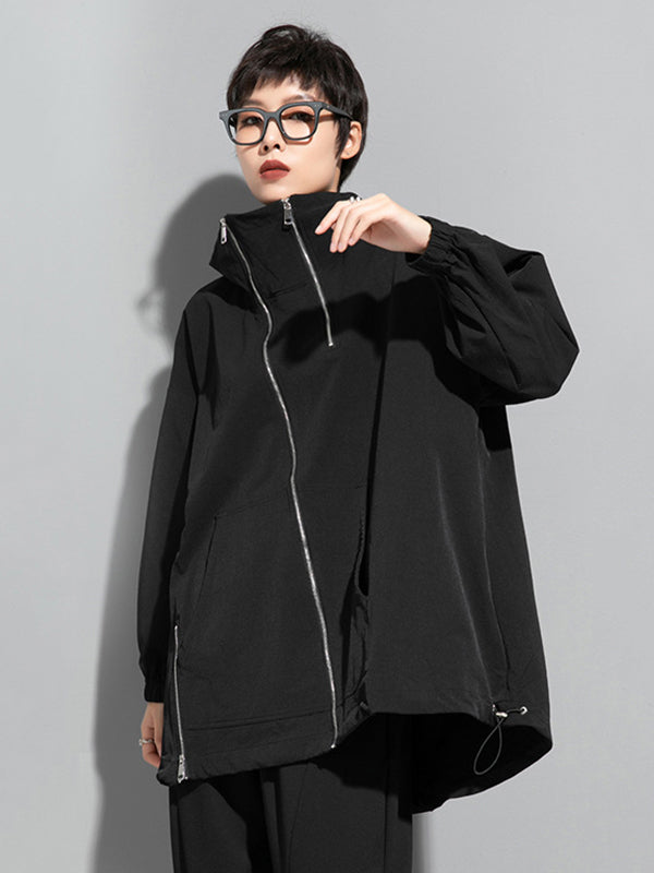 Oversized black hooded jacket with an off-centre zip and drawstring hem