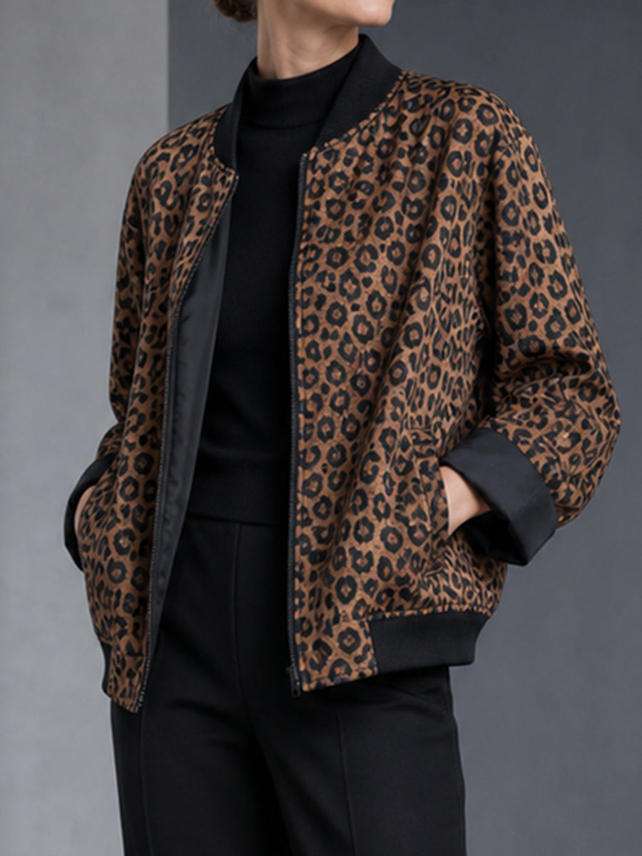 Leopard print bomber jacket with black ribbed collar, cuffs and hem